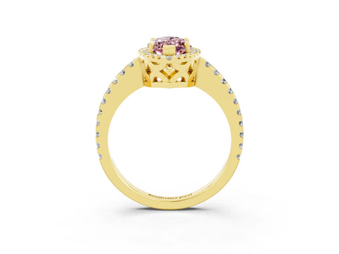 Yellow gold Marquise Cut Morganite Halo Engagement Ring with Pavé Band and Prong Setting_15