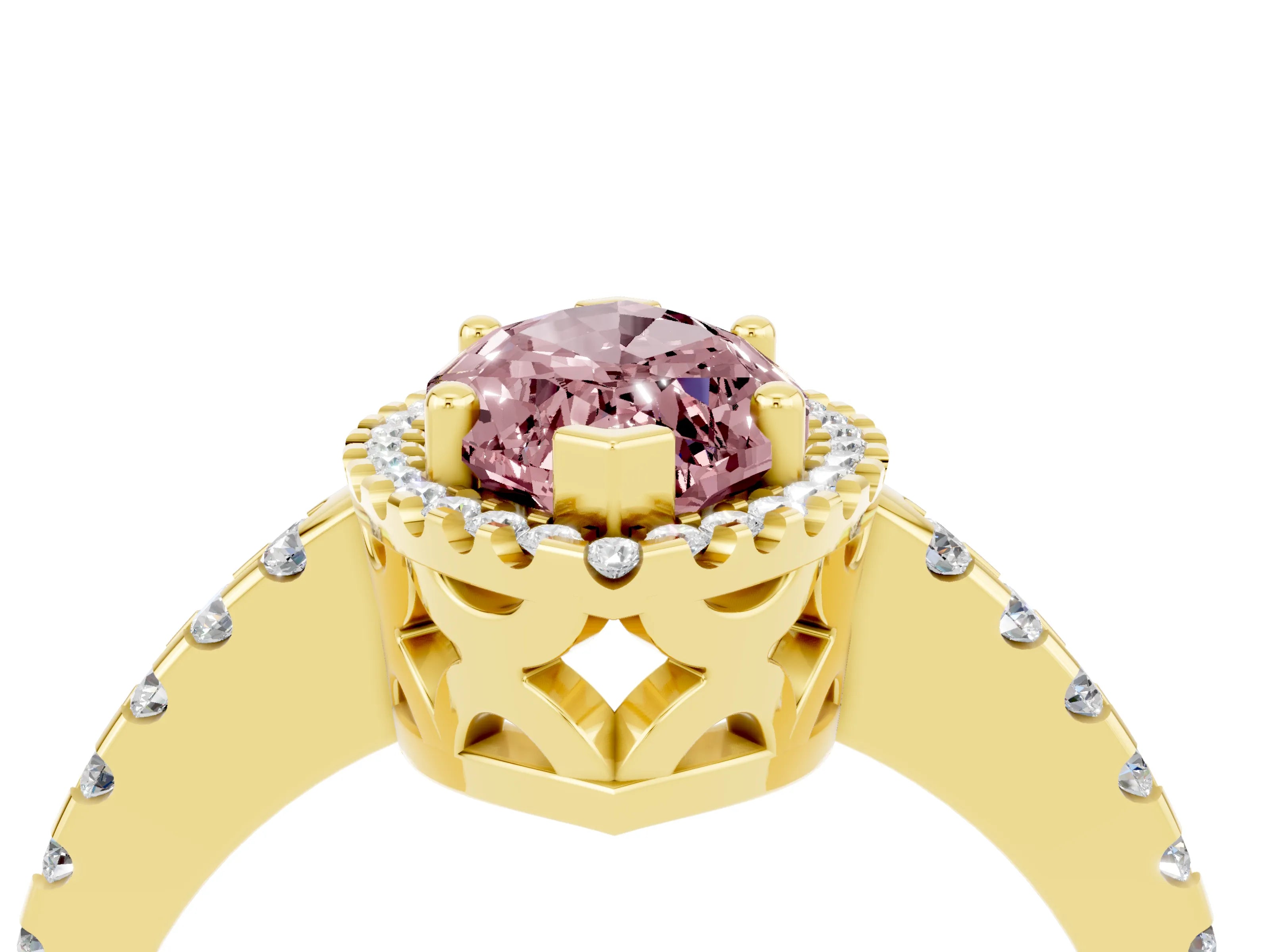 Yellow gold Marquise Cut Morganite Halo Engagement Ring with Pavé Band and Prong Setting_16