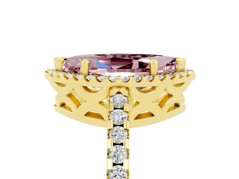 Yellow gold Marquise Cut Morganite Halo Engagement Ring with Pavé Band and Prong Setting_17