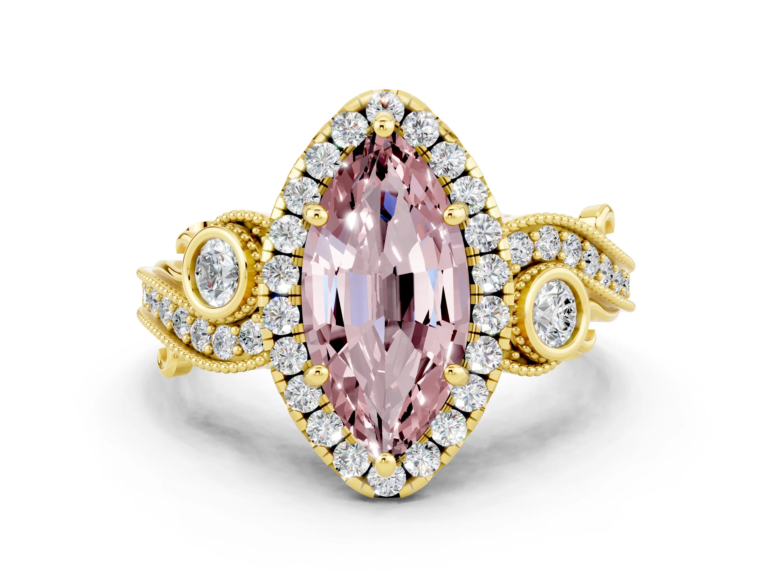 Yellow gold Marquise Cut Morganite Halo Ring with Milgrain Pavé Band and Four-Prong Setting_12