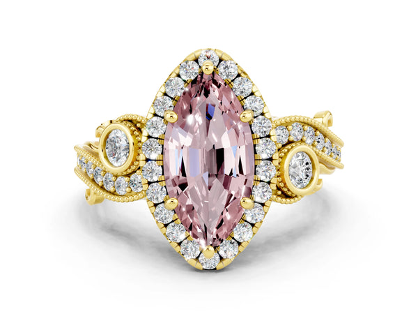 Yellow gold Marquise Cut Morganite Halo Ring with Milgrain Pavé Band and Four-Prong Setting