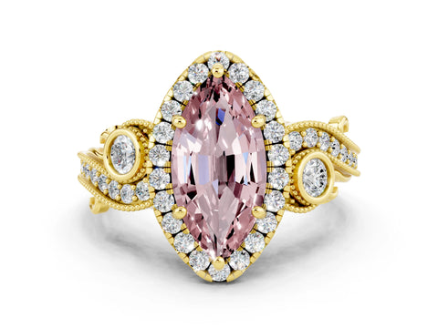 Yellow gold Marquise Cut Morganite Halo Ring with Milgrain Pavé Band and Four-Prong Setting_12