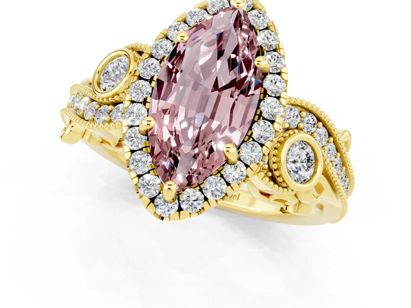 Yellow gold Marquise Cut Morganite Halo Ring with Milgrain Pavé Band and Four-Prong Setting