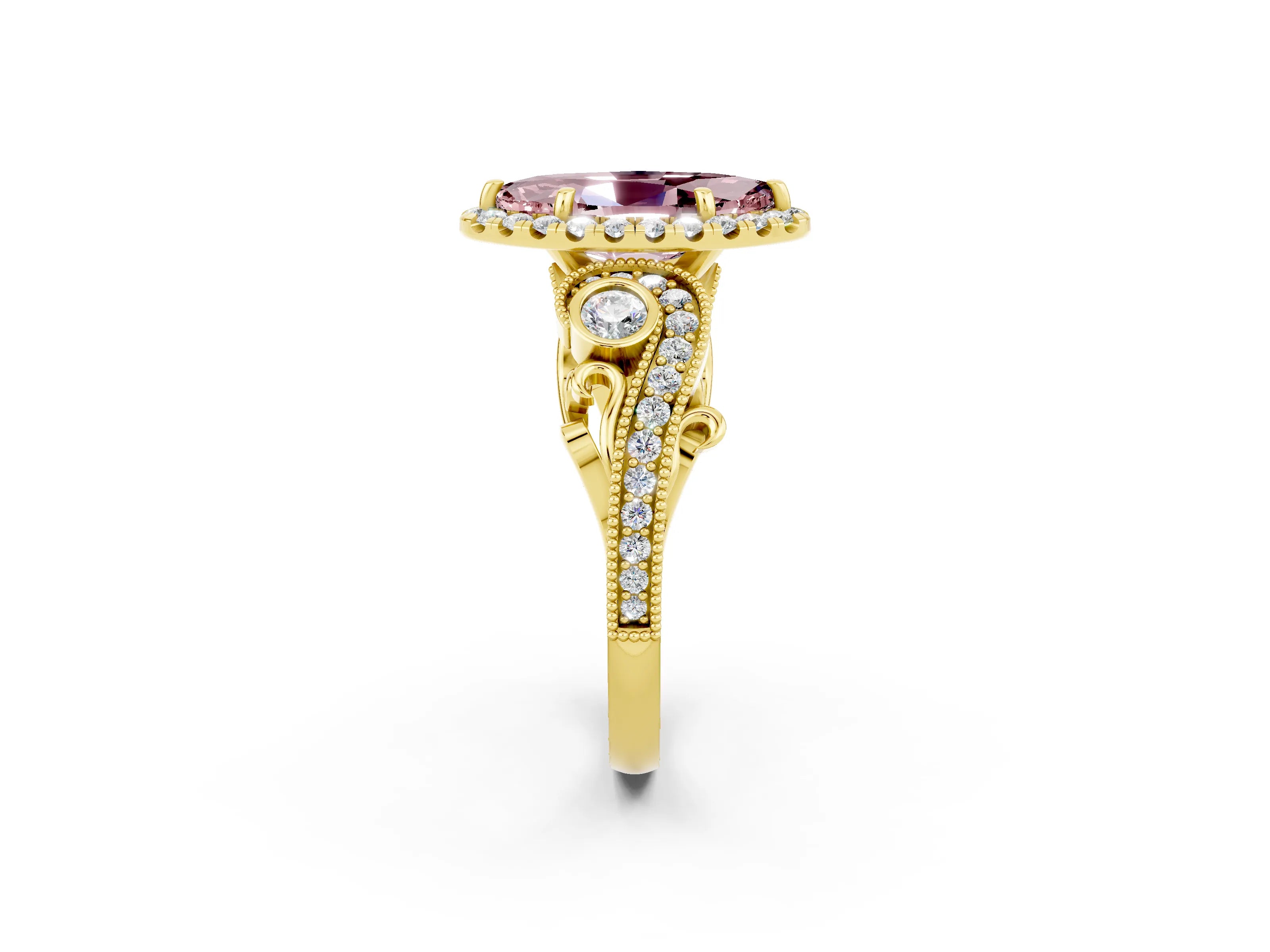 Yellow gold Marquise Cut Morganite Halo Ring with Milgrain Pavé Band and Four-Prong Setting_14