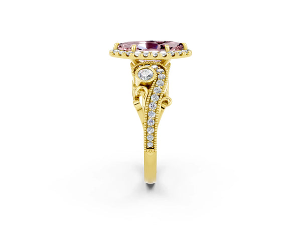 Yellow gold Marquise Cut Morganite Halo Ring with Milgrain Pavé Band and Four-Prong Setting