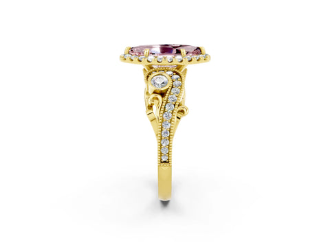 Yellow gold Marquise Cut Morganite Halo Ring with Milgrain Pavé Band and Four-Prong Setting_14