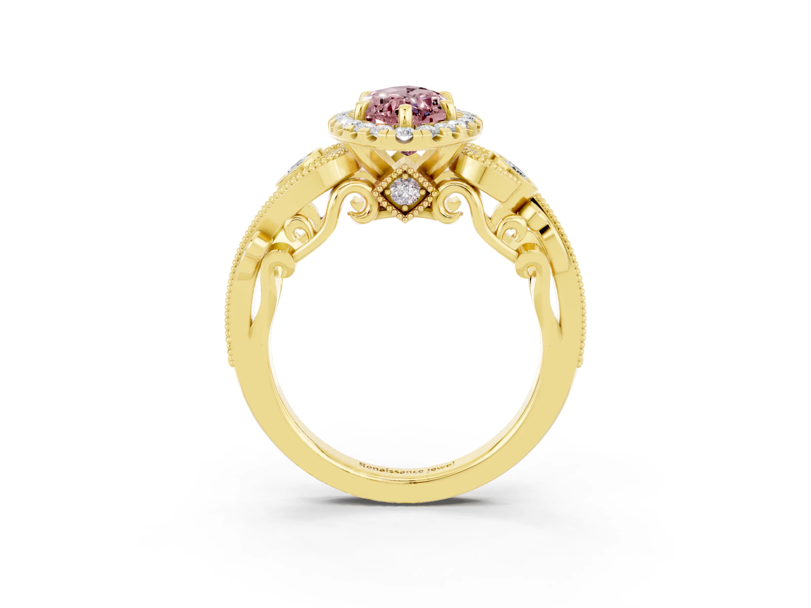 Yellow gold Marquise Cut Morganite Halo Ring with Milgrain Pavé Band and Four-Prong Setting_15