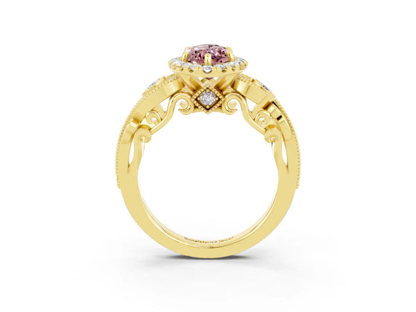 Yellow gold Marquise Cut Morganite Halo Ring with Milgrain Pavé Band and Four-Prong Setting