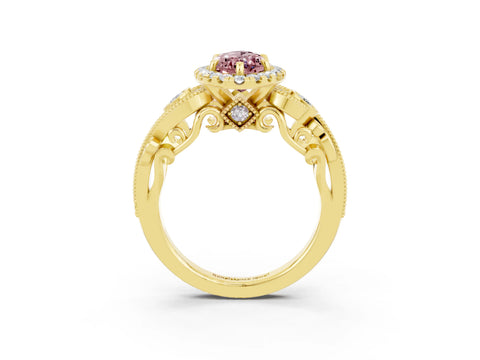 Yellow gold Marquise Cut Morganite Halo Ring with Milgrain Pavé Band and Four-Prong Setting_15