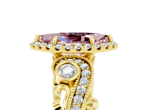 Yellow gold Marquise Cut Morganite Halo Ring with Milgrain Pavé Band and Four-Prong Setting_17