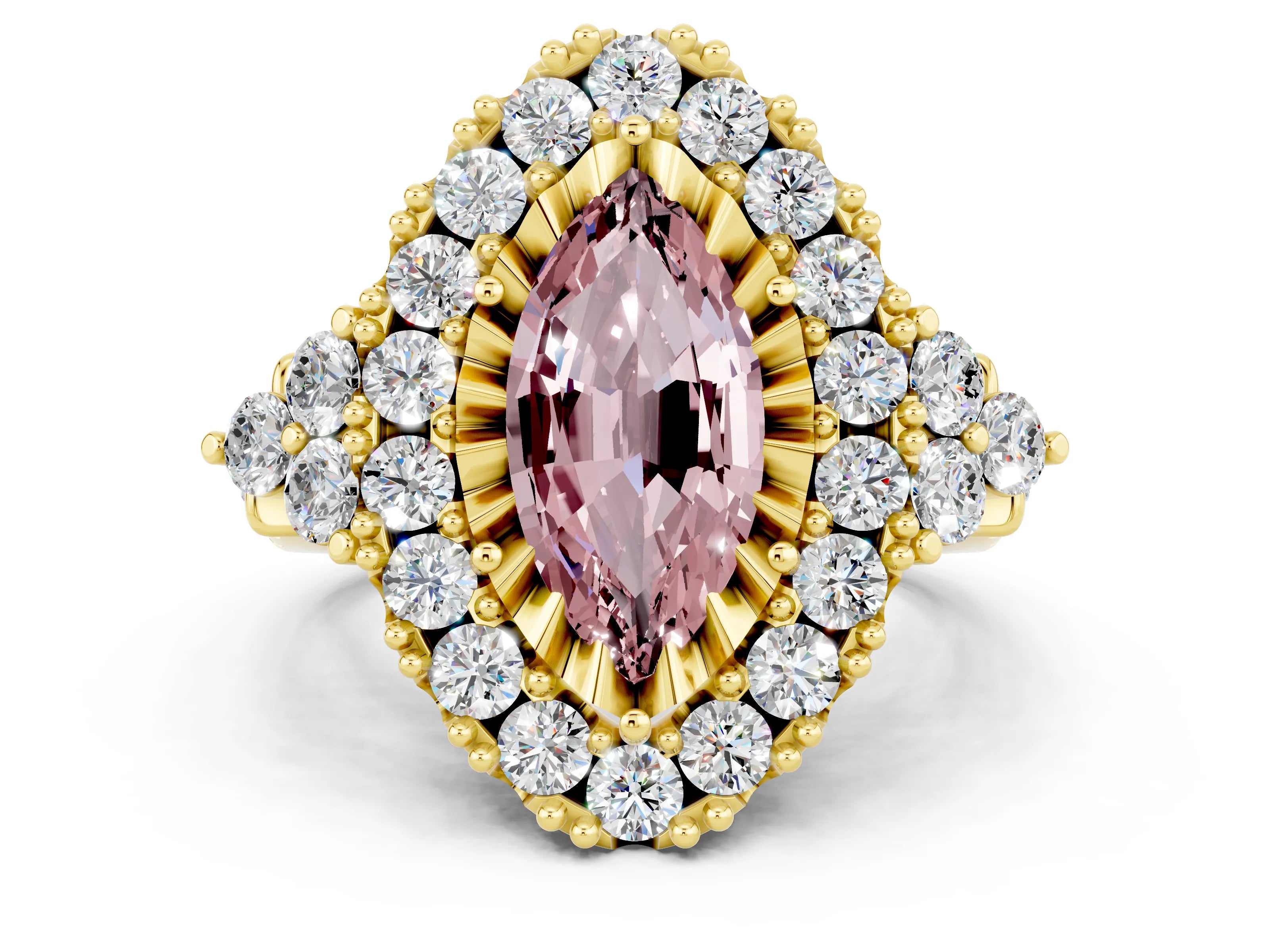 Yellow gold Marquise Cut Morganite Halo Ring with Pavé Band and Four-Prong Setting_12
