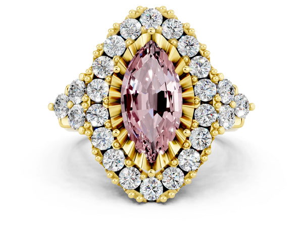 Yellow gold Marquise Cut Morganite Halo Ring with Pavé Band and Four-Prong Setting