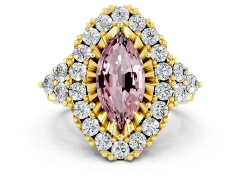 Yellow gold Marquise Cut Morganite Halo Ring with Pavé Band and Four-Prong Setting_12