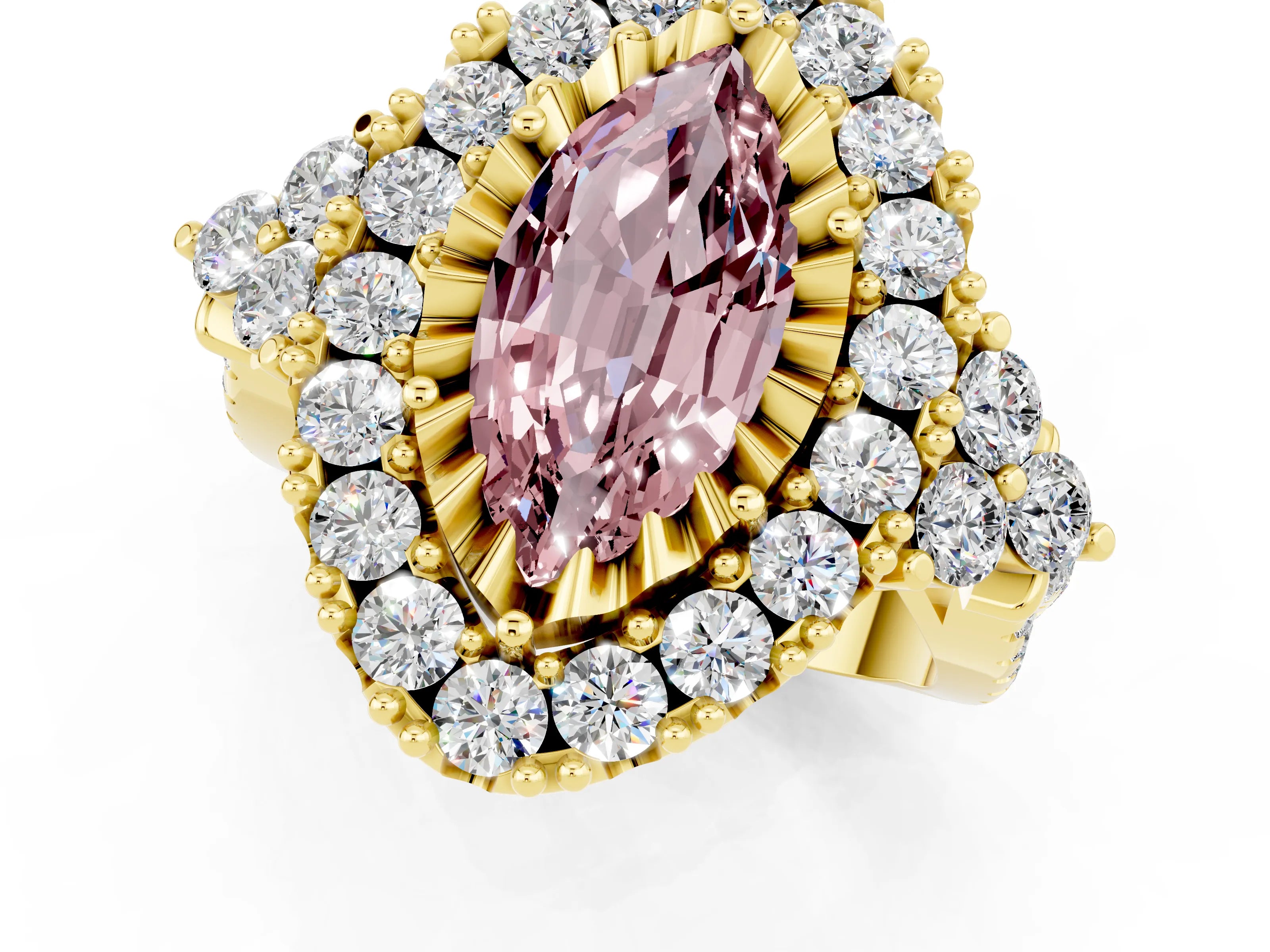 Yellow gold Marquise Cut Morganite Halo Ring with Pavé Band and Four-Prong Setting_13