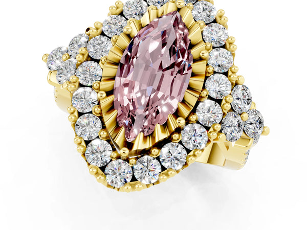Yellow gold Marquise Cut Morganite Halo Ring with Pavé Band and Four-Prong Setting
