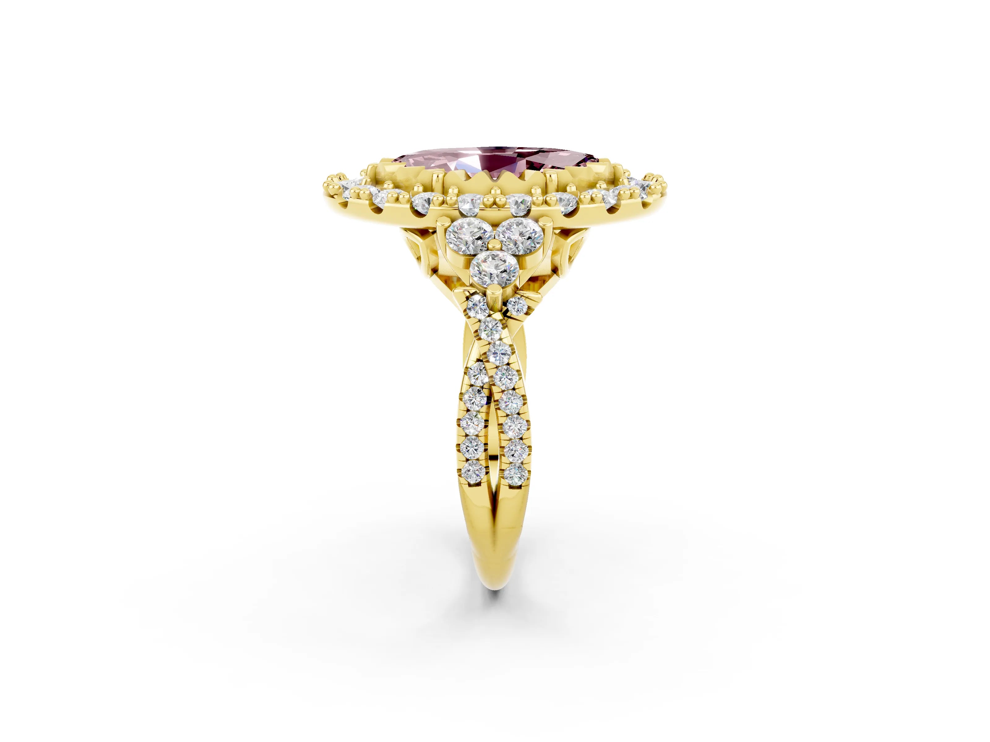 Yellow gold Marquise Cut Morganite Halo Ring with Pavé Band and Four-Prong Setting_14