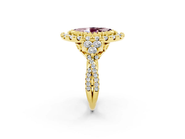 Yellow gold Marquise Cut Morganite Halo Ring with Pavé Band and Four-Prong Setting