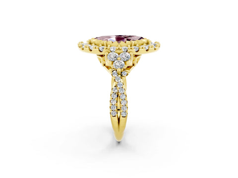 Yellow gold Marquise Cut Morganite Halo Ring with Pavé Band and Four-Prong Setting_14