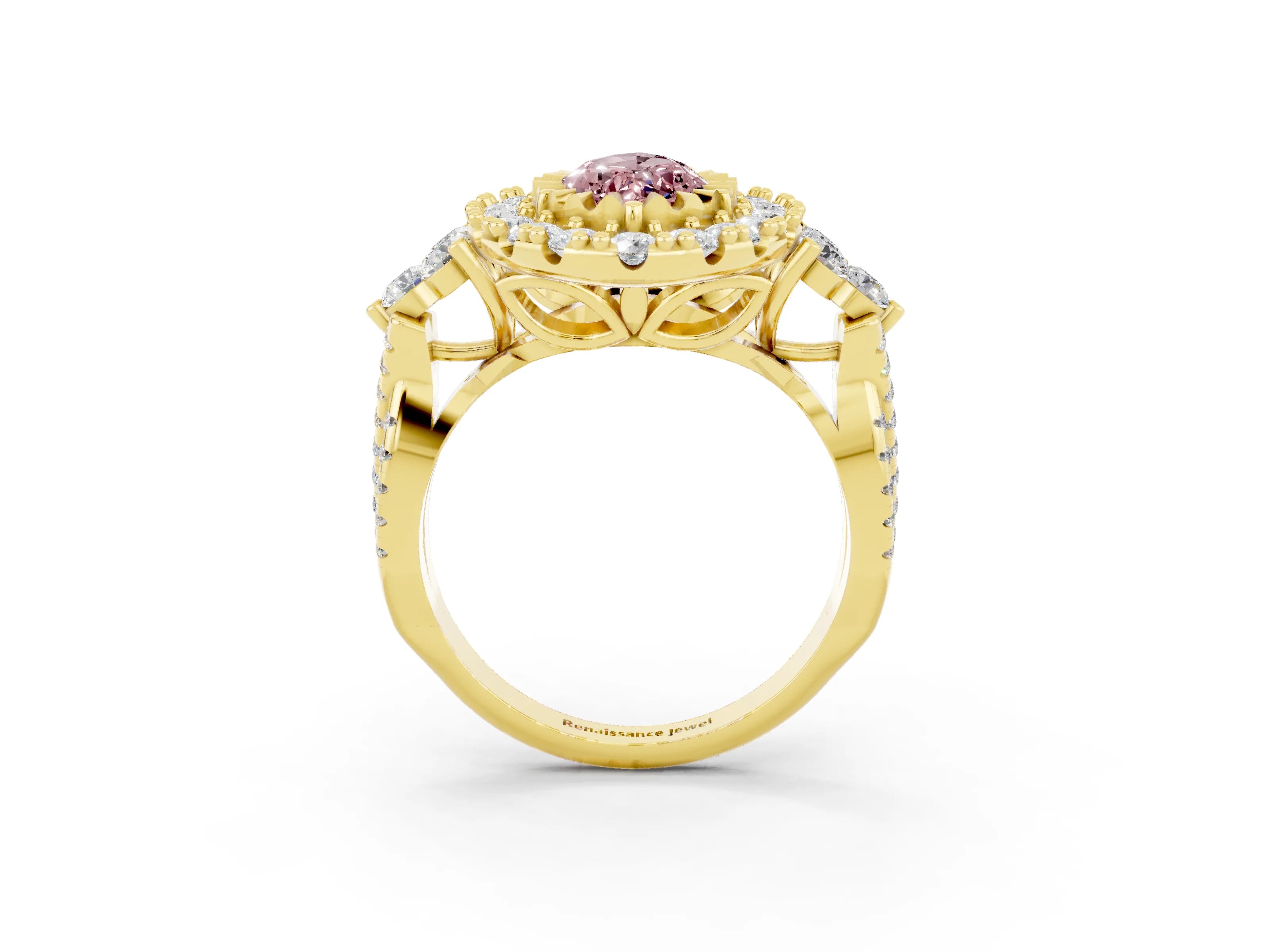 Yellow gold Marquise Cut Morganite Halo Ring with Pavé Band and Four-Prong Setting_15