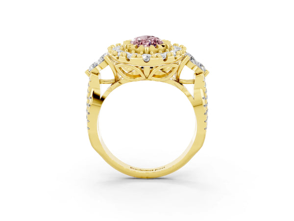 Yellow gold Marquise Cut Morganite Halo Ring with Pavé Band and Four-Prong Setting