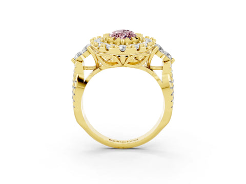 Yellow gold Marquise Cut Morganite Halo Ring with Pavé Band and Four-Prong Setting_15