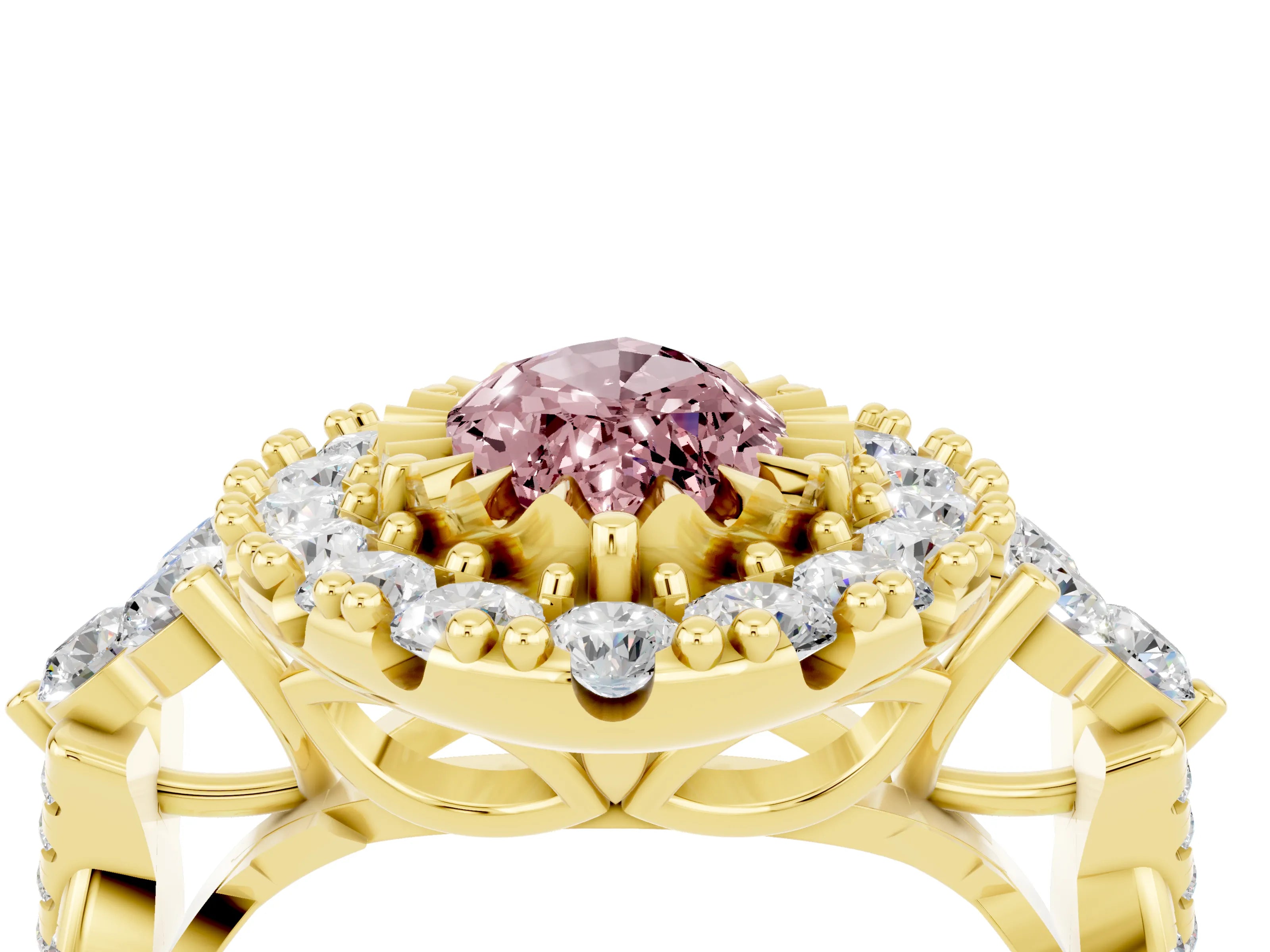 Yellow gold Marquise Cut Morganite Halo Ring with Pavé Band and Four-Prong Setting_16