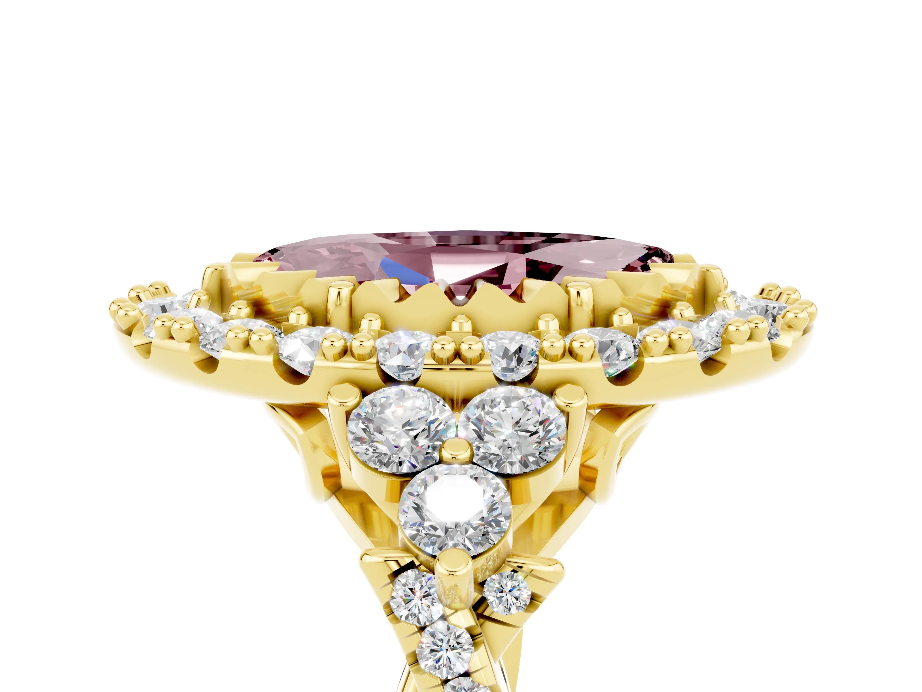 Yellow gold Marquise Cut Morganite Halo Ring with Pavé Band and Four-Prong Setting_17