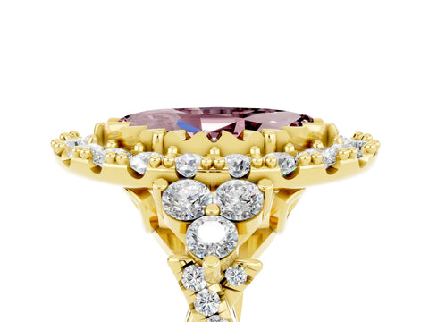 Yellow gold Marquise Cut Morganite Halo Ring with Pavé Band and Four-Prong Setting_17