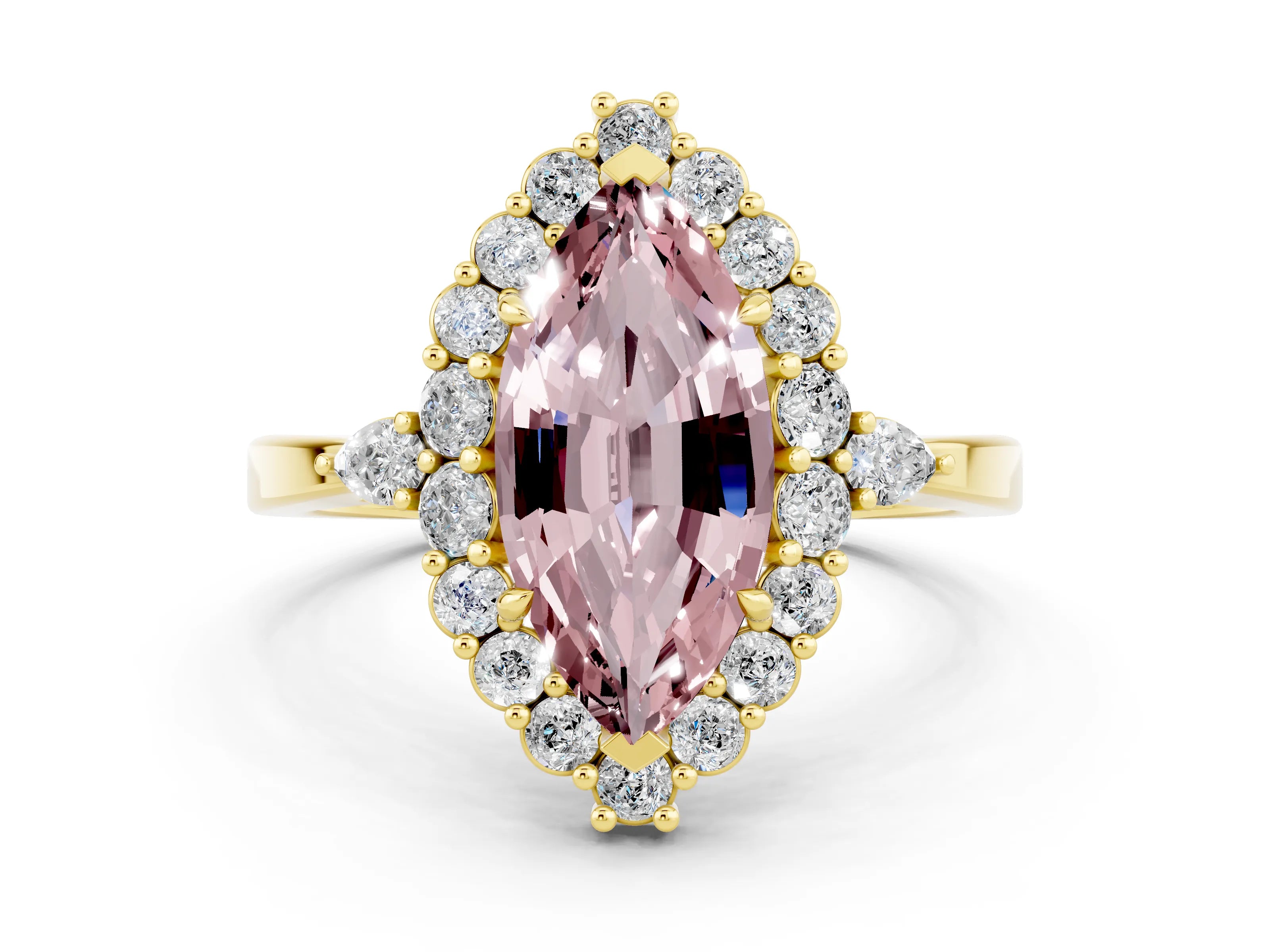 Yellow gold Marquise Cut Morganite Halo Ring with Pear Side Stones and Prong Setting_12