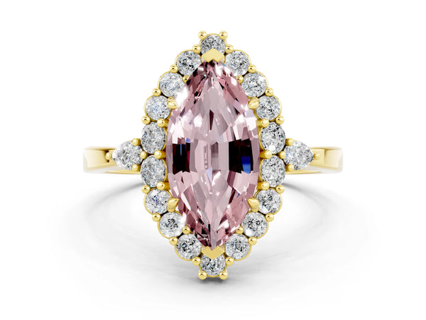 Yellow gold Marquise Cut Morganite Halo Ring with Pear Side Stones and Prong Setting