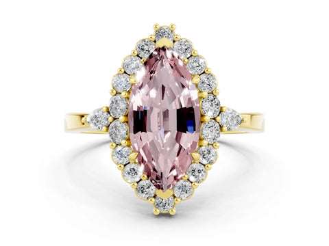 Yellow gold Marquise Cut Morganite Halo Ring with Pear Side Stones and Prong Setting_12