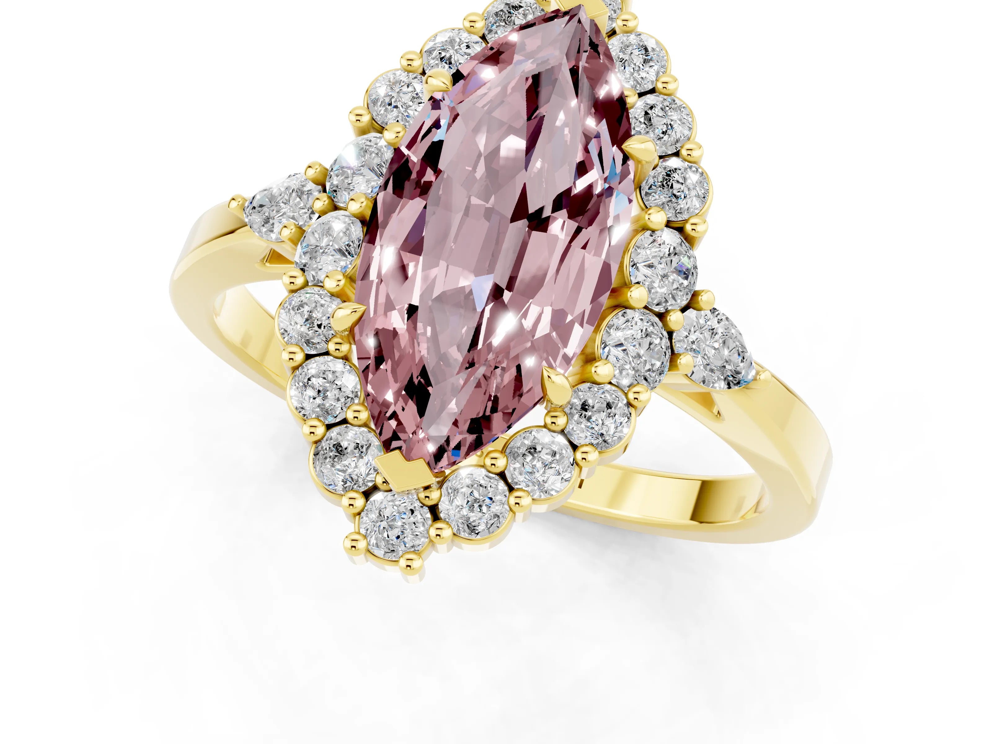 Yellow gold Marquise Cut Morganite Halo Ring with Pear Side Stones and Prong Setting_13