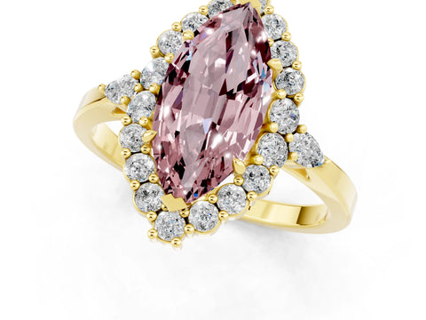 Yellow gold Marquise Cut Morganite Halo Ring with Pear Side Stones and Prong Setting_13
