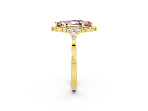 Yellow gold Marquise Cut Morganite Halo Ring with Pear Side Stones and Prong Setting