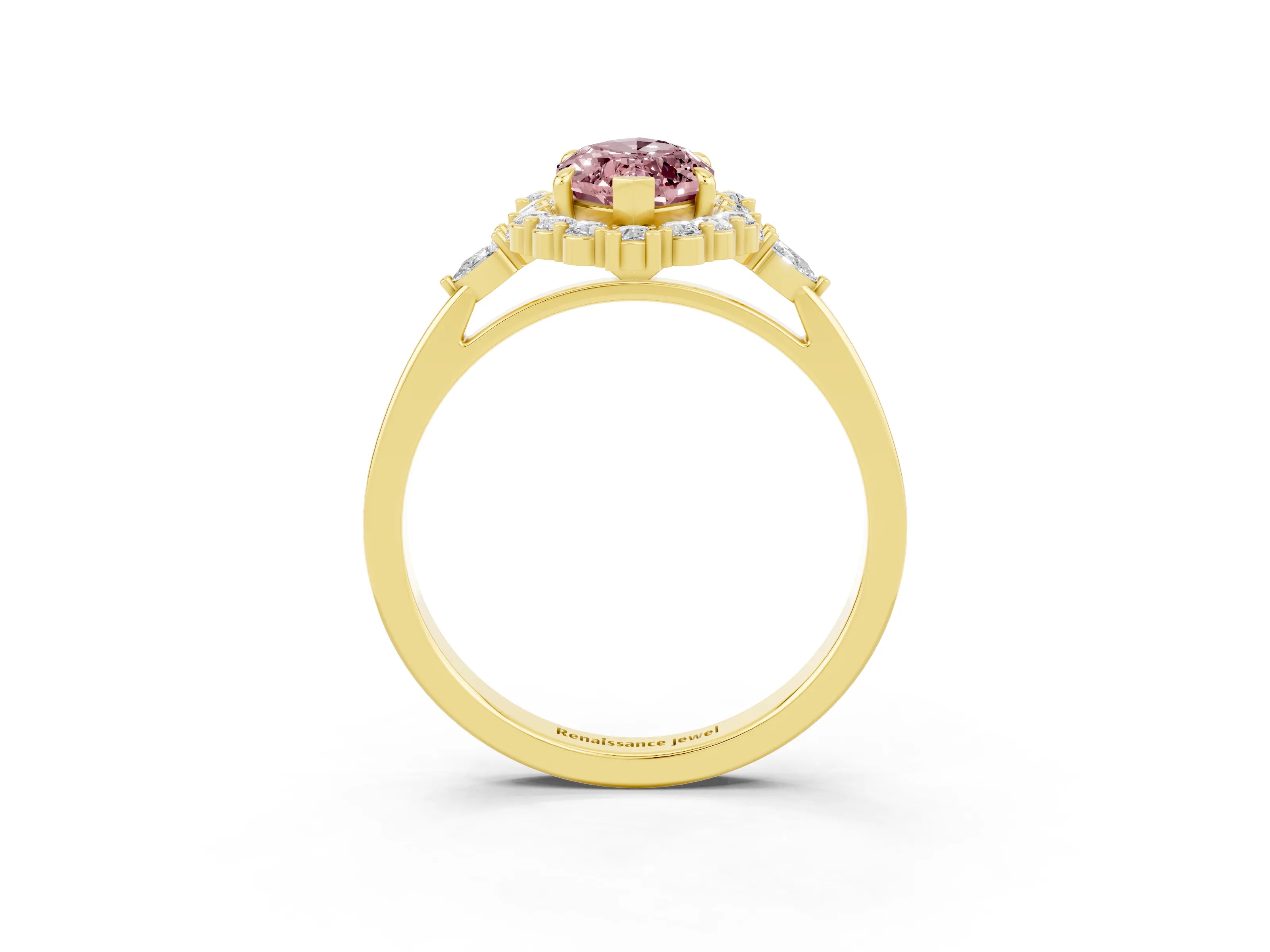 Yellow gold Marquise Cut Morganite Halo Ring with Pear Side Stones and Prong Setting_15