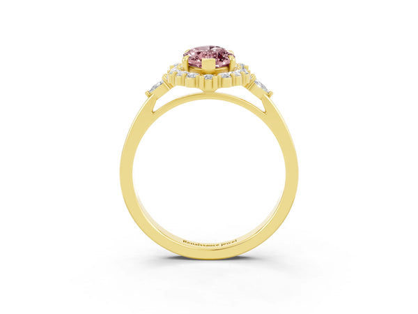 Yellow gold Marquise Cut Morganite Halo Ring with Pear Side Stones and Prong Setting
