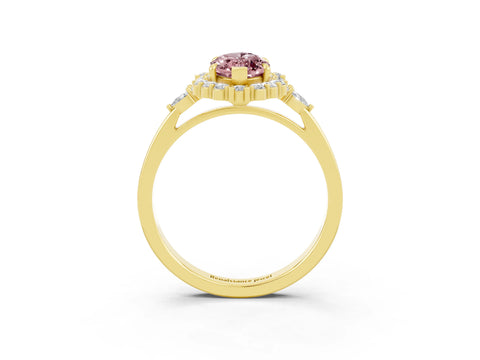 Yellow gold Marquise Cut Morganite Halo Ring with Pear Side Stones and Prong Setting_15