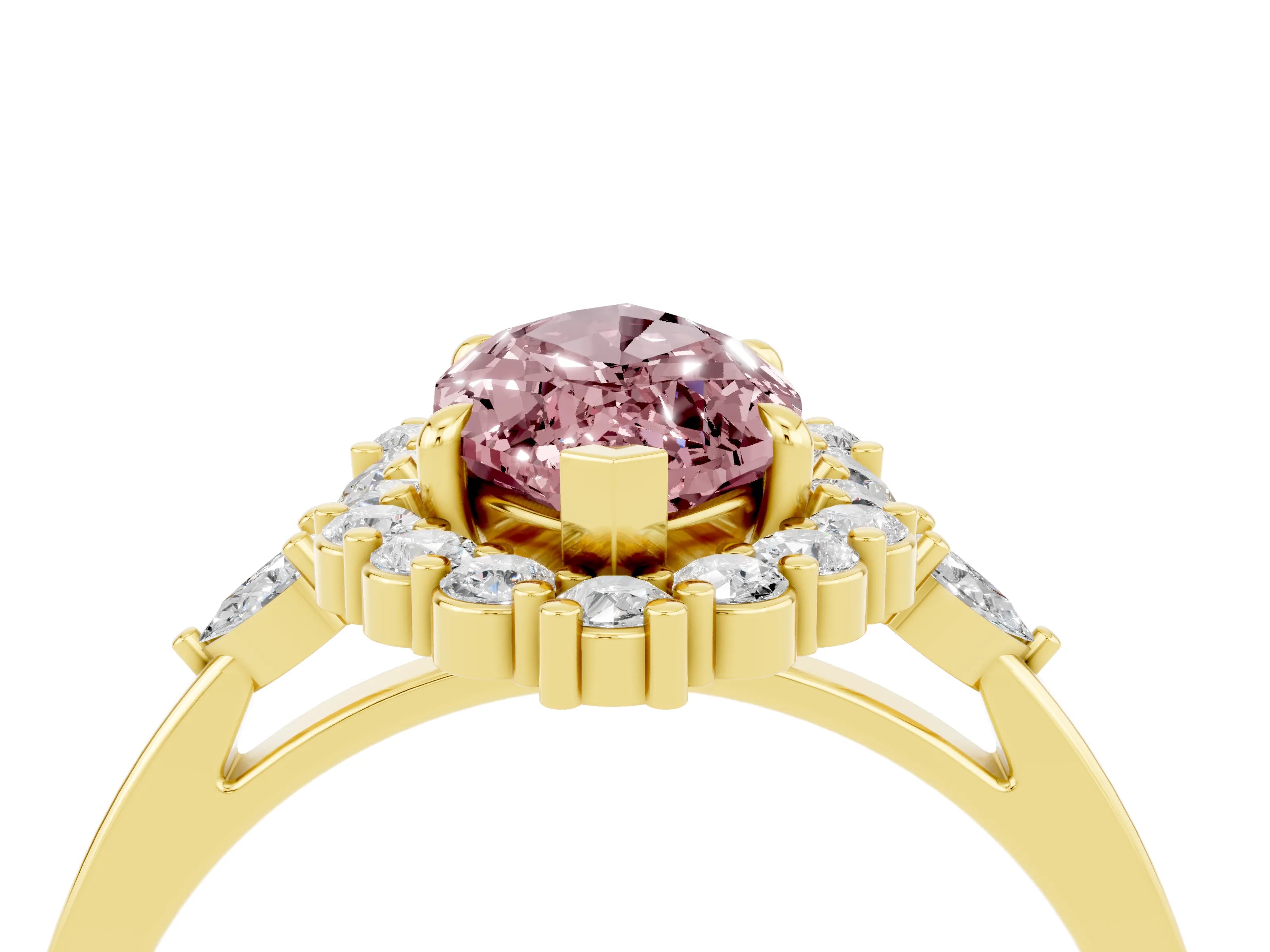 Yellow gold Marquise Cut Morganite Halo Ring with Pear Side Stones and Prong Setting_16