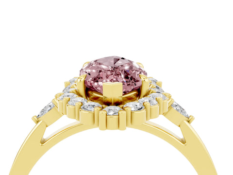 Yellow gold Marquise Cut Morganite Halo Ring with Pear Side Stones and Prong Setting_16