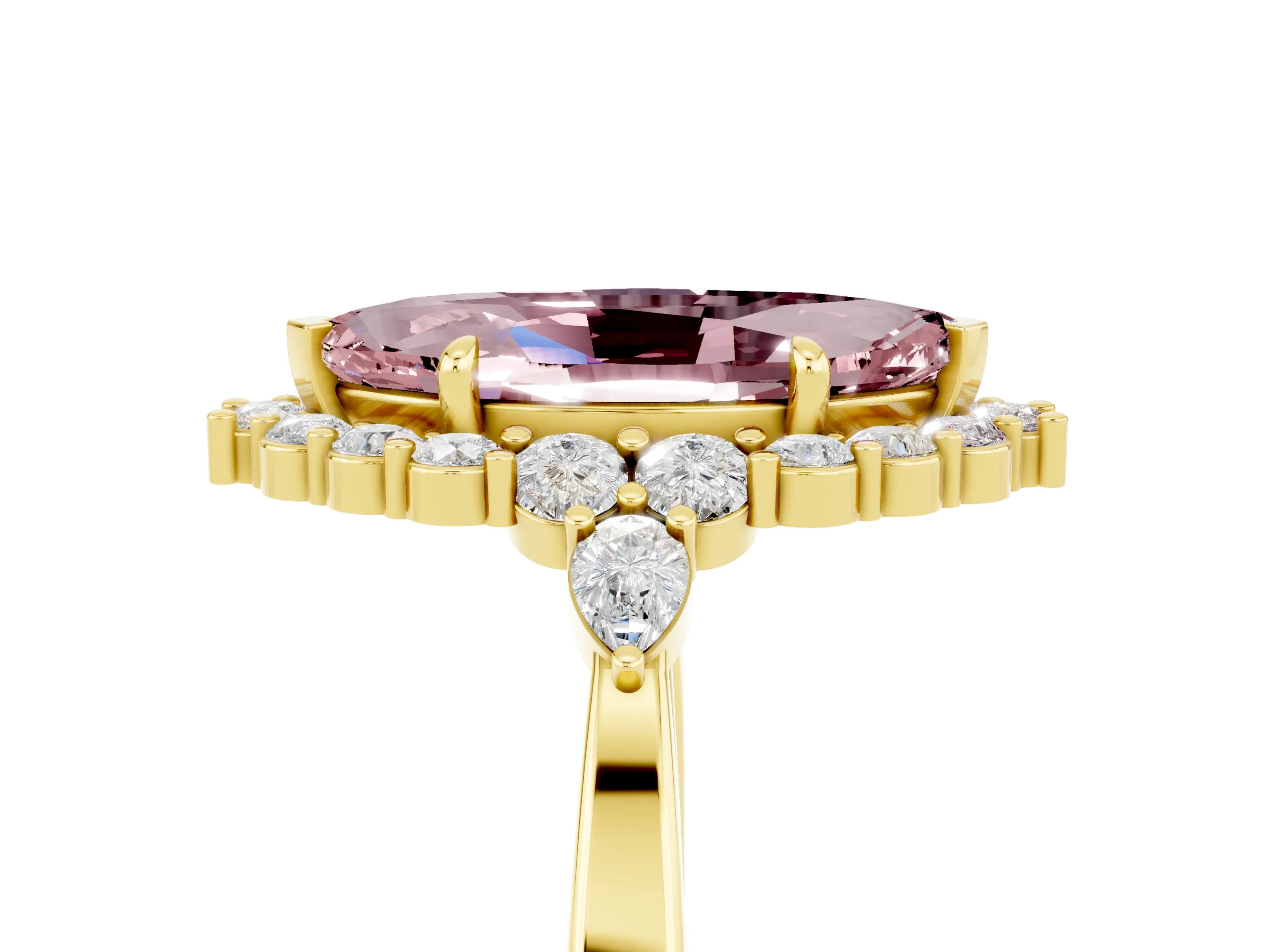 Yellow gold Marquise Cut Morganite Halo Ring with Pear Side Stones and Prong Setting_17