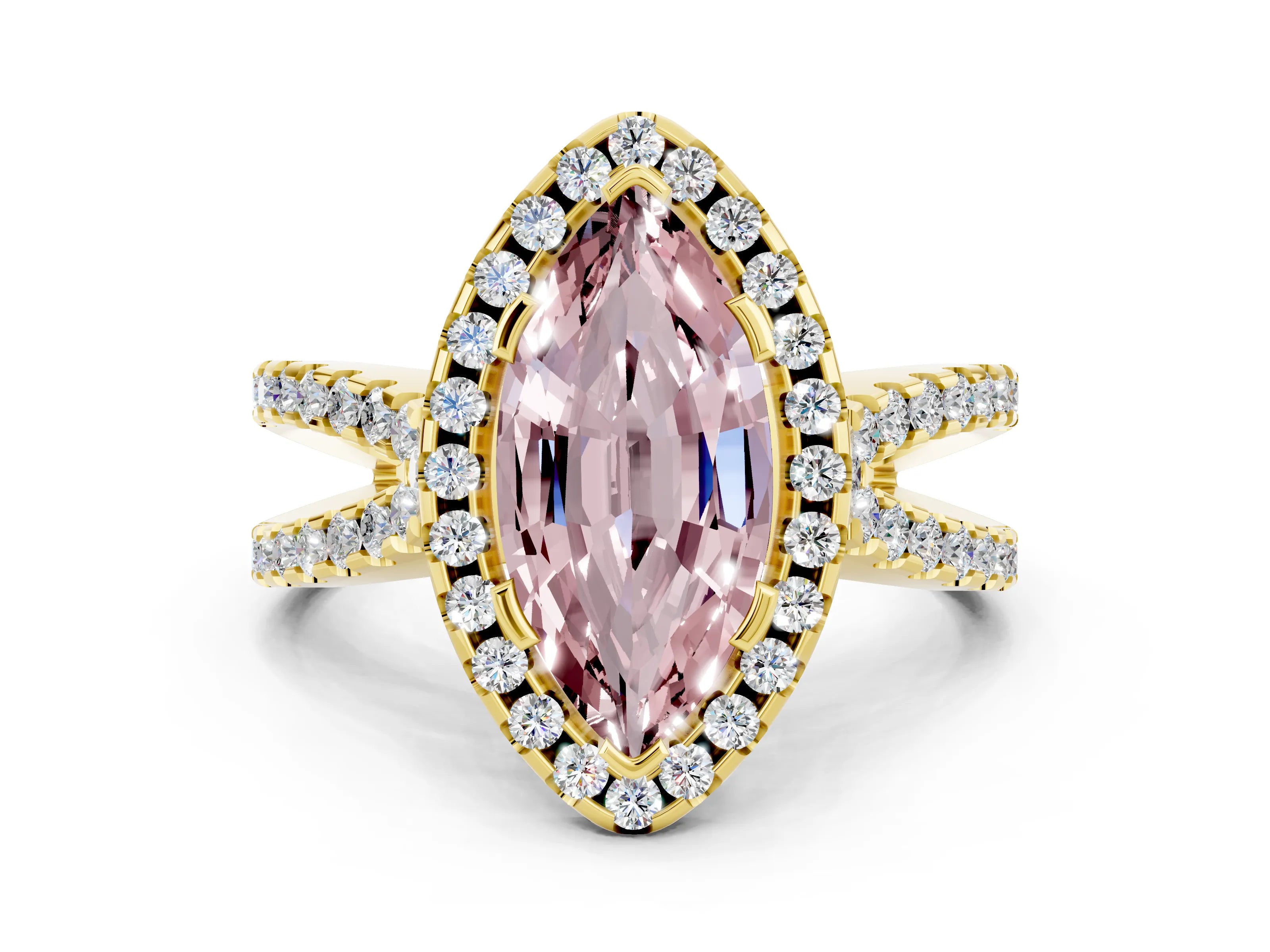 Yellow gold Marquise Cut Morganite Halo Ring with Split Shank Pavé Band and Prong Setting