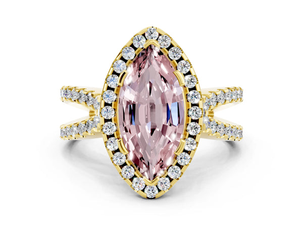 Yellow gold Marquise Cut Morganite Halo Ring with Split Shank Pavé Band and Prong Setting