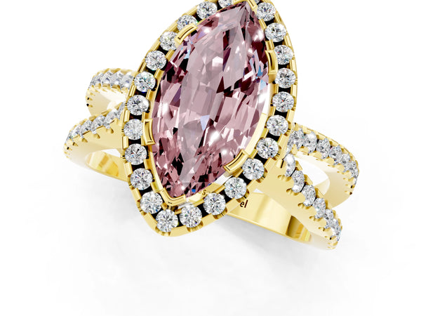 Yellow gold Marquise Cut Morganite Halo Ring with Split Shank Pavé Band and Prong Setting