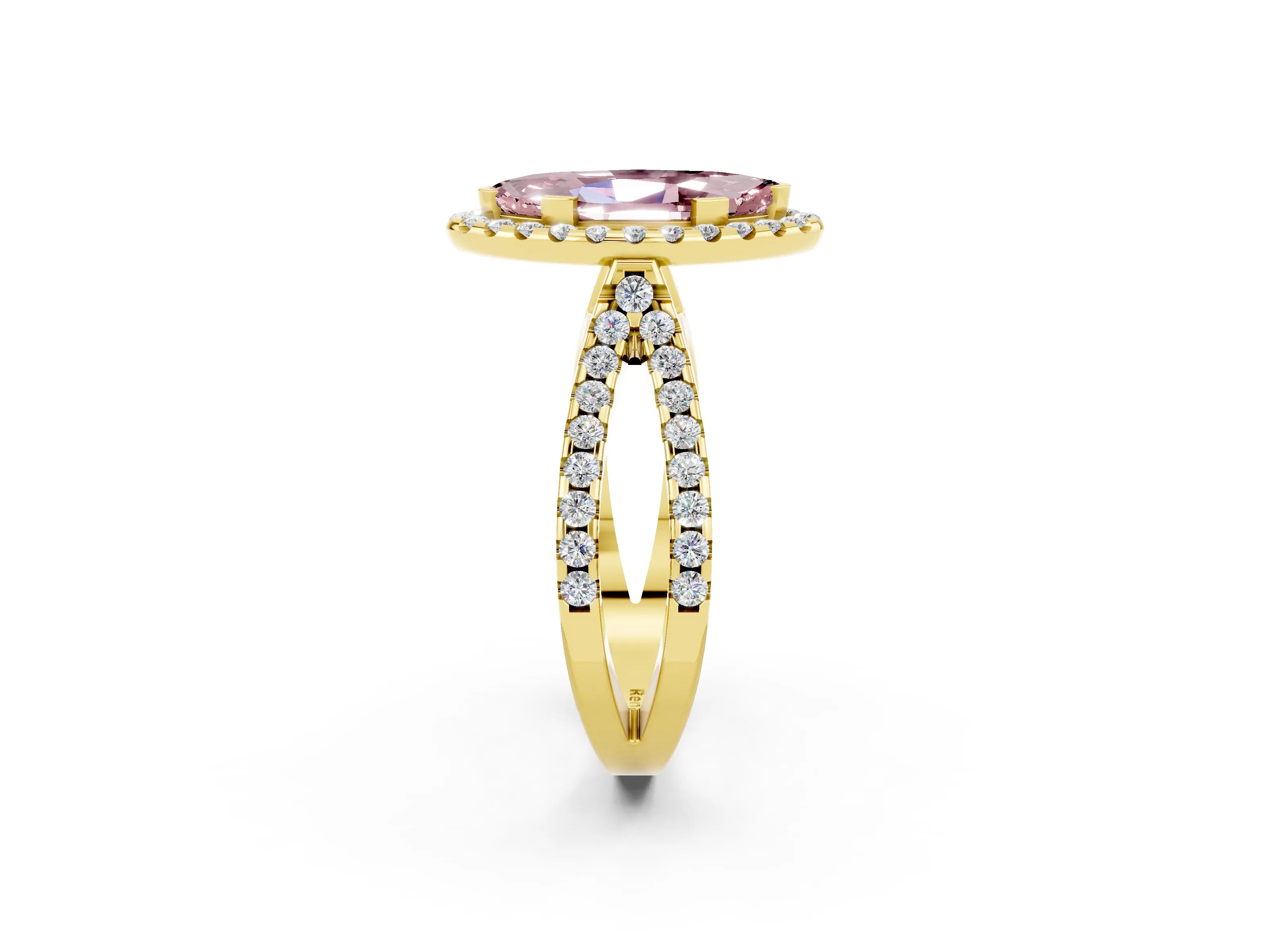 Yellow gold Marquise Cut Morganite Halo Ring with Split Shank Pavé Band and Prong Setting_2