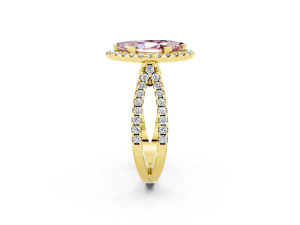 Yellow gold Marquise Cut Morganite Halo Ring with Split Shank Pavé Band and Prong Setting
