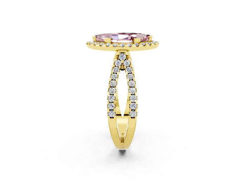 Yellow gold Marquise Cut Morganite Halo Ring with Split Shank Pavé Band and Prong Setting_2