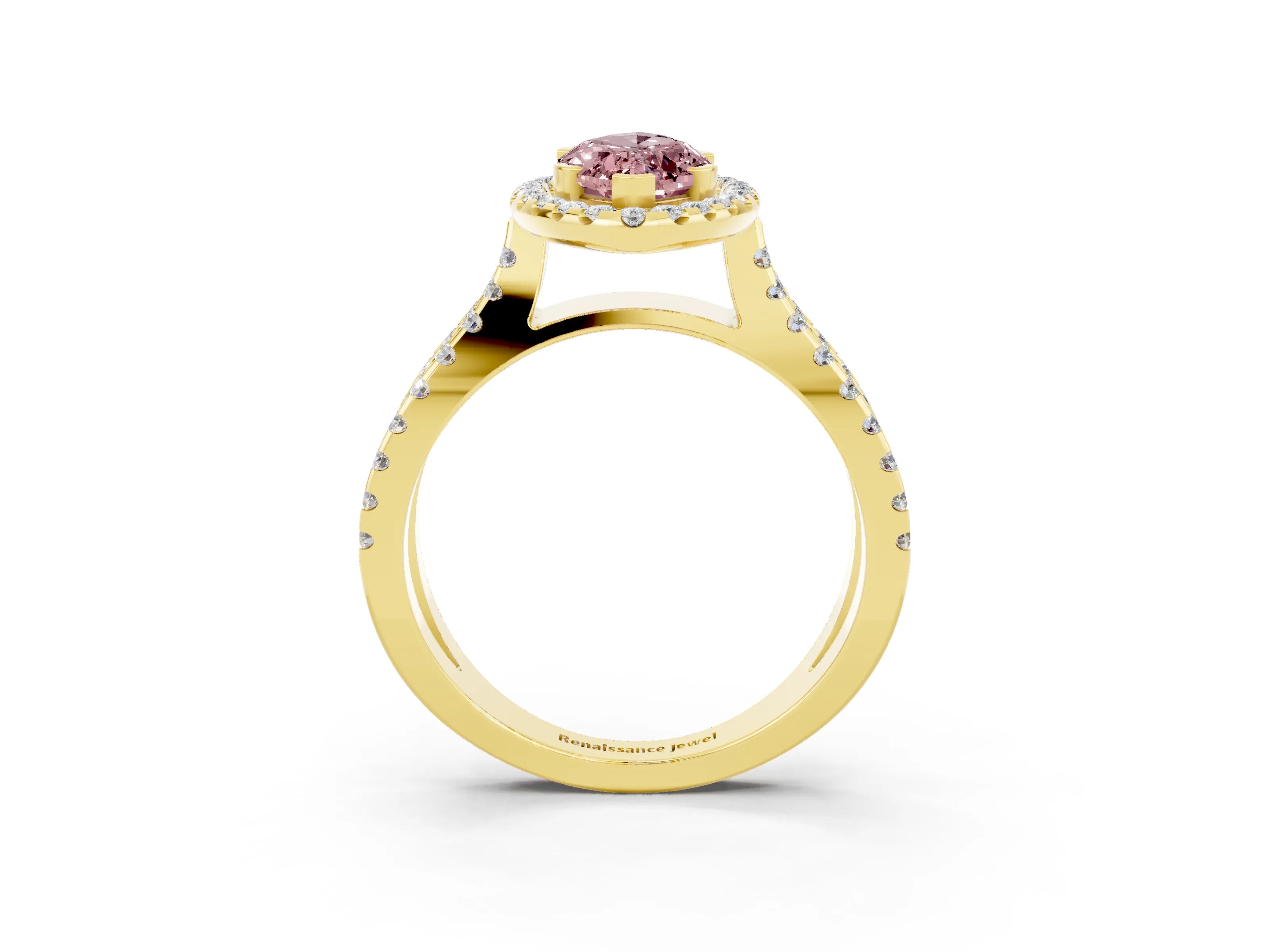 Yellow gold Marquise Cut Morganite Halo Ring with Split Shank Pavé Band and Prong Setting_3