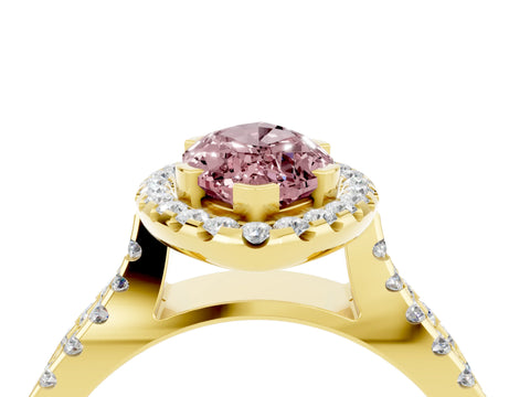 Yellow gold Marquise Cut Morganite Halo Ring with Split Shank Pavé Band and Prong Setting_4