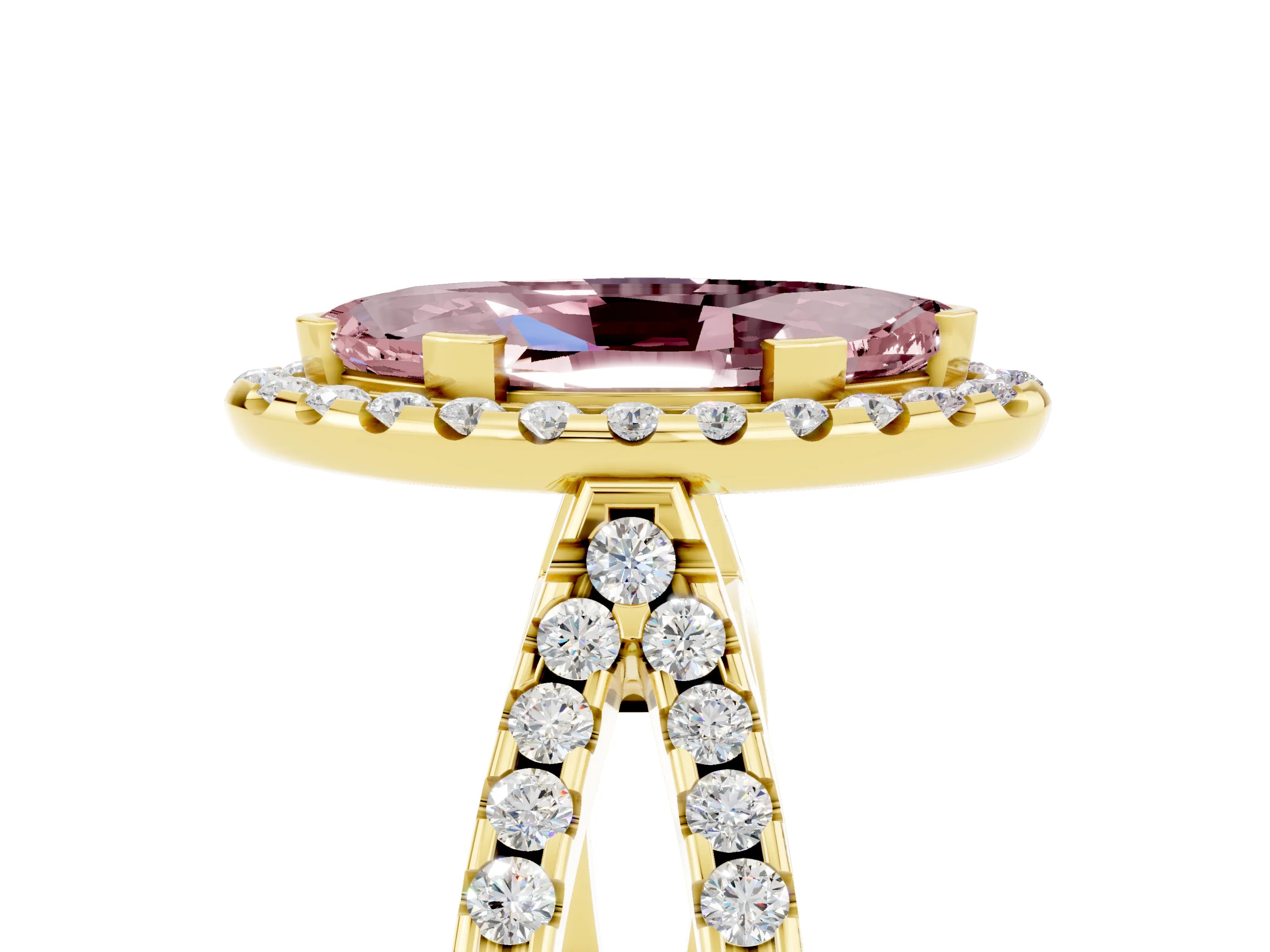 Yellow gold Marquise Cut Morganite Halo Ring with Split Shank Pavé Band and Prong Setting_5