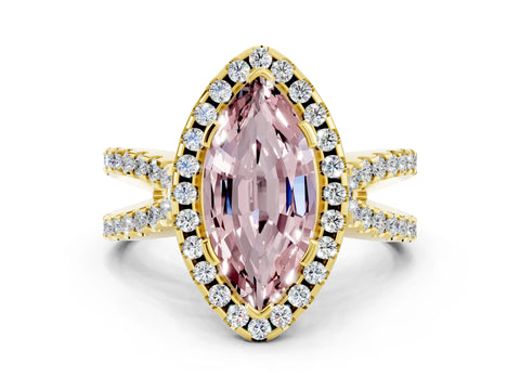 Yellow gold Marquise Cut Morganite Halo Ring with Split Shank Pavé Band and Prong Setting